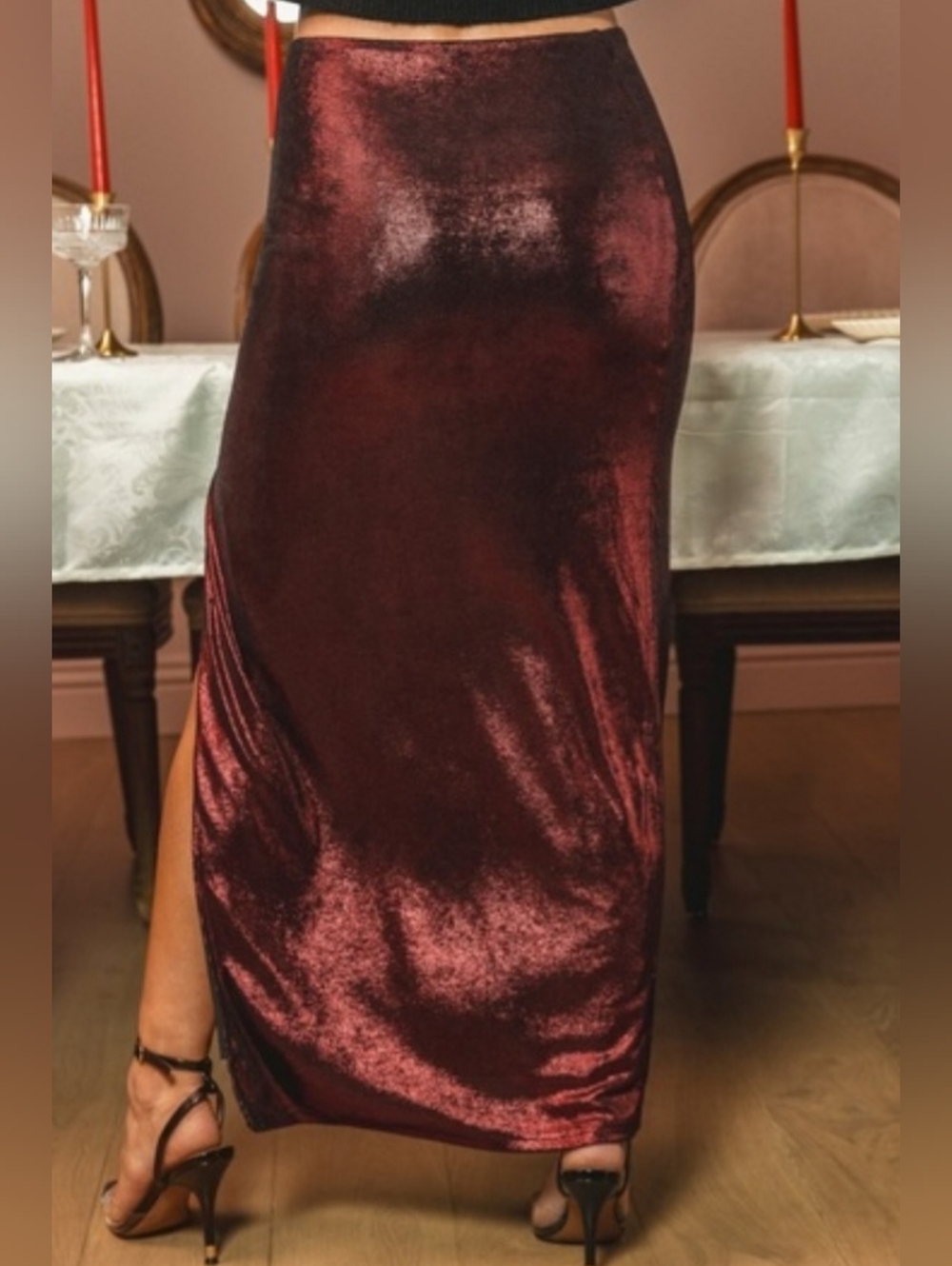 JoJoX Cupshe Deep Red Wine Metallic Maxi Skirt - Picture 2 of 8